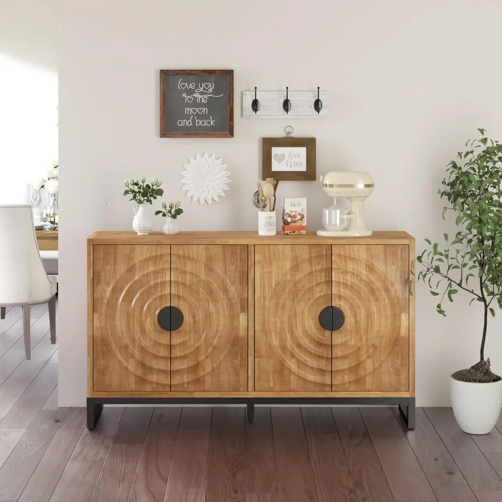

Large Sideboard Buffet Cabinet with Storage,Farmhouse Kitchen Coffee Wine Bar Cabinet with 4 Carved Doors,