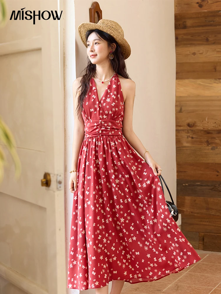 

MISHOW Fashion Hanging Neck Dress for Women 2025 Summer New French Style Retro Print Vacation V-neck Red Dresses MXE36L2320