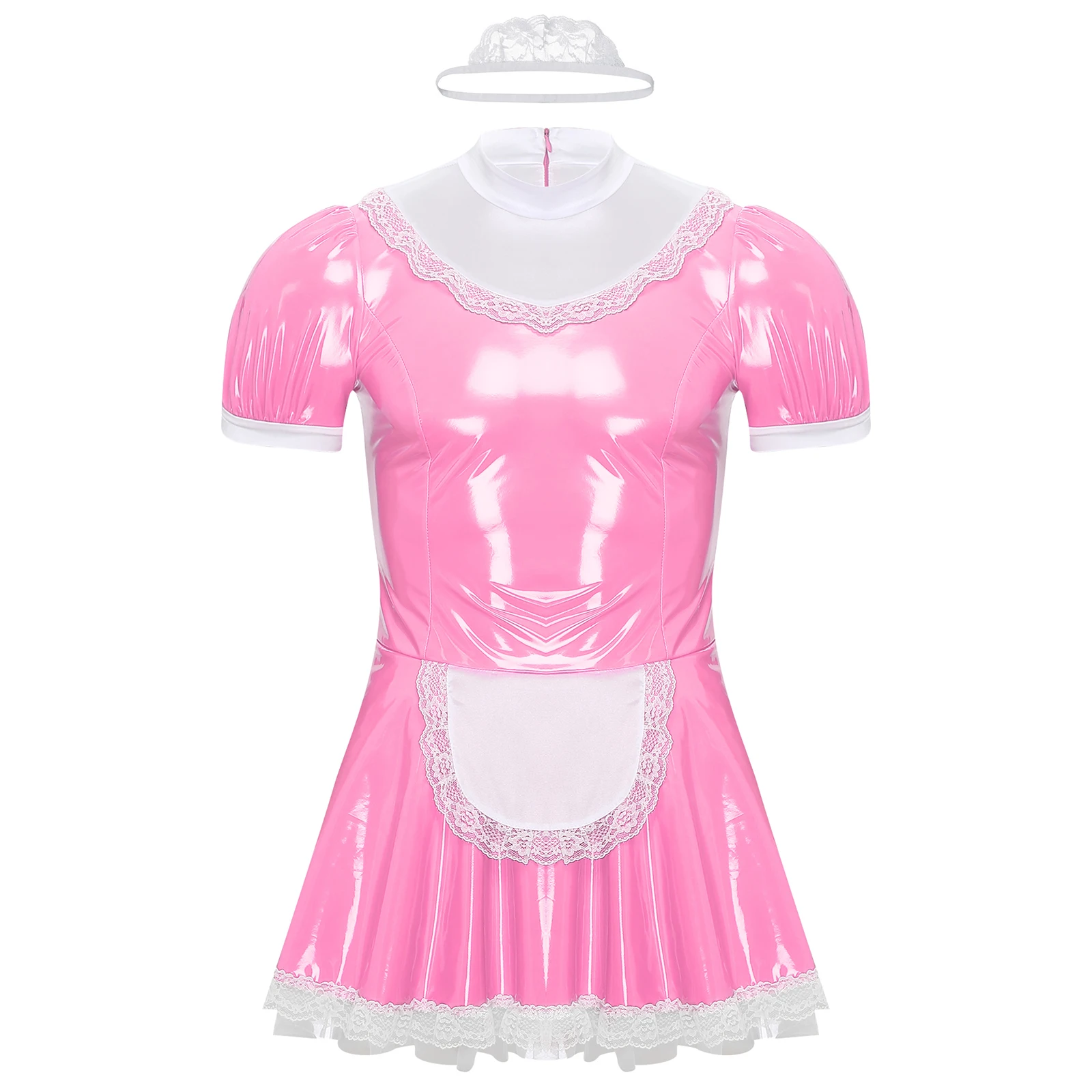 

Mens Sissy French Fancy Cosplay Dress Wetlook Patent Leather Maid Dress with Lace Headband Lace Apron Puff Sleeve A-Line Dresses