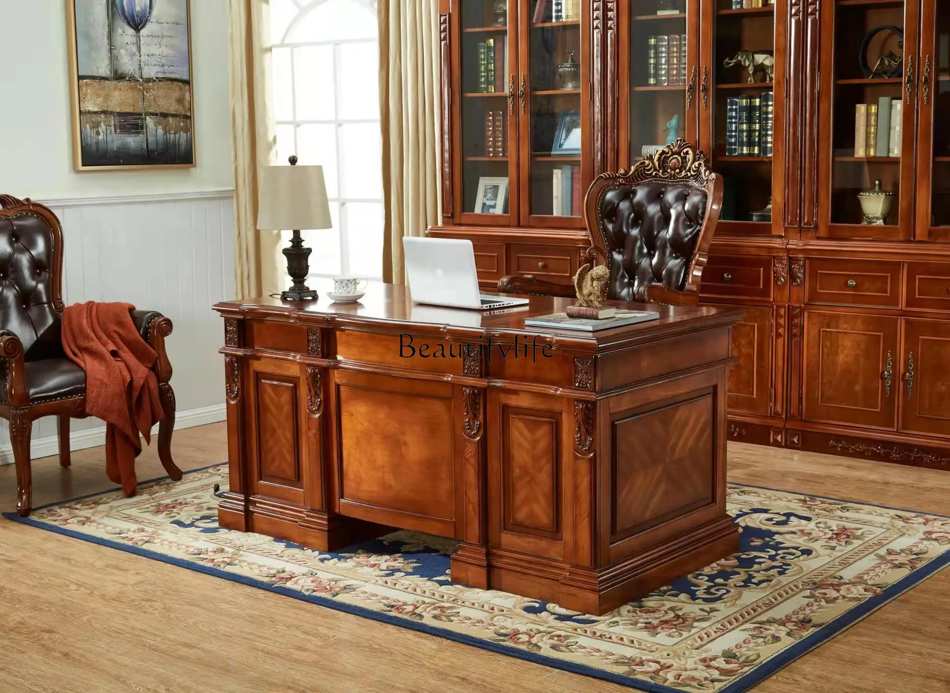 American computer desk European office solid wood study office long table carving