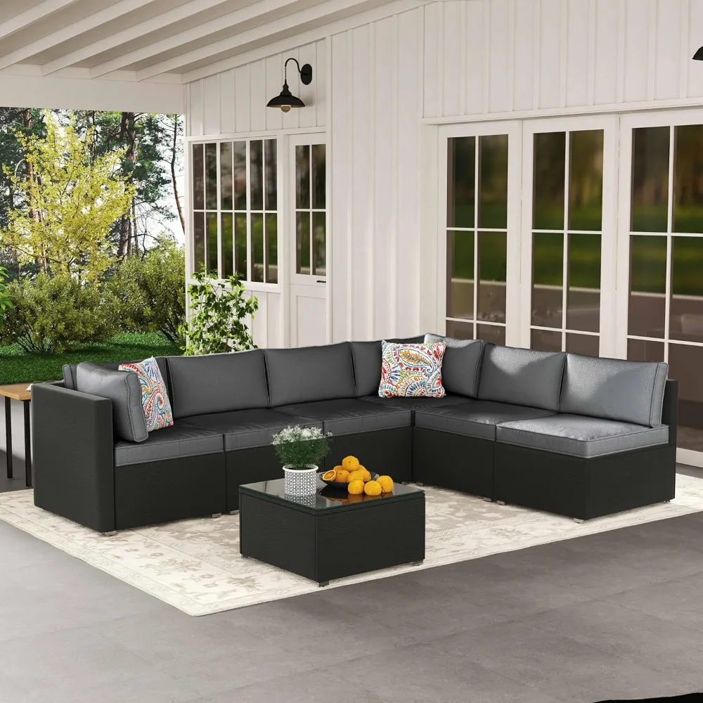 

7-Piece Outdoor Patio Furniture Set – Handwoven All-Weather Rattan & 4” Thick Waterproof Cushions, Wicker Outdoor Conversation S