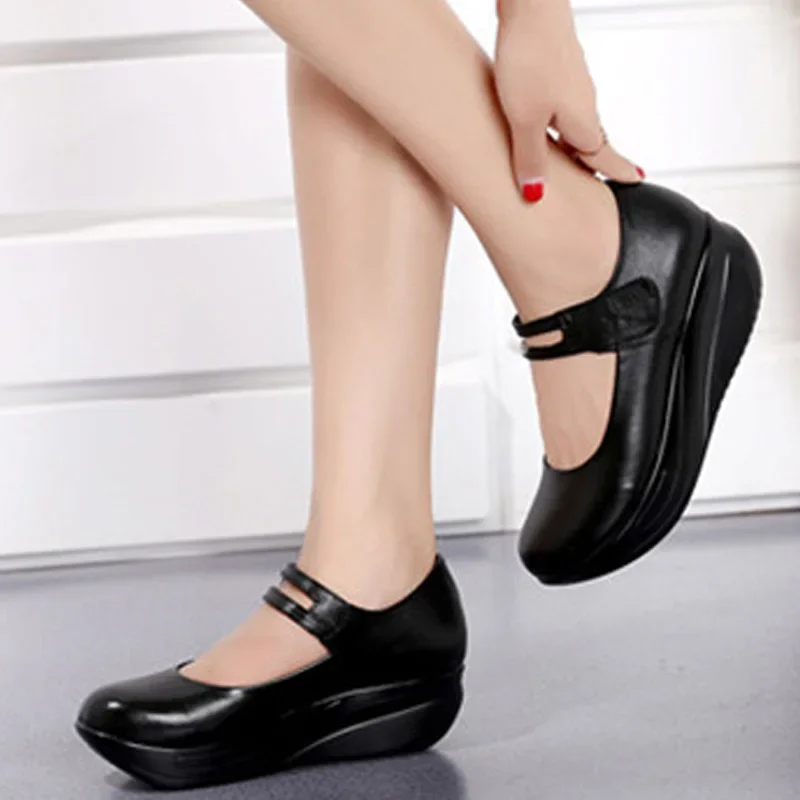 YAERNI Black High Heel Wedges Women Genuine Leather Lady Platform Shoes