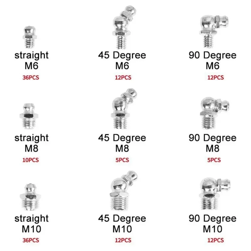 200Pcs Zerk Grease Nipple Fittings Set Oil Cup Butter Nipple with Dust Cap Straight 90-Degree 45-Degree Tool Parts M6/M8/M10