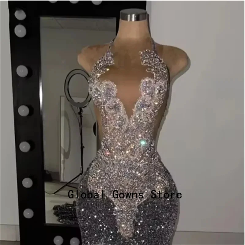 

2026 Sparkly Diamond Prom Dress with Beads Crystals Long Rhinestones Luxury Birthday Party Customized Gown Wedding Evening Dress