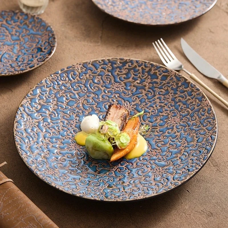 

Western-style dining plate with advanced sense flat plate ceramic retro home dessert plate with afternoon tea tableware.