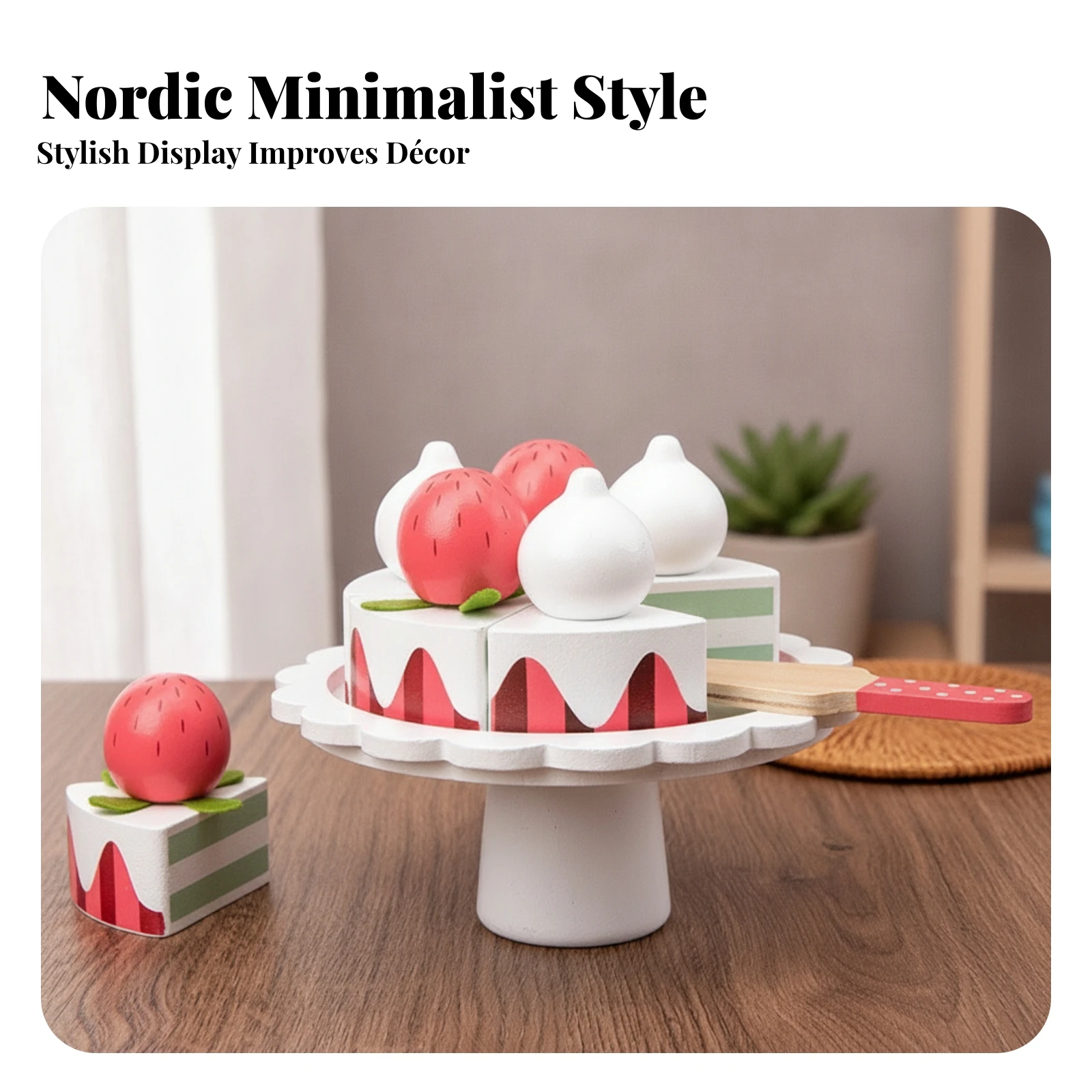 Wooden Birthday Cake Play Set Natural Wood Finish Wooden Birthday Cake Set Round Base Realistic for Children