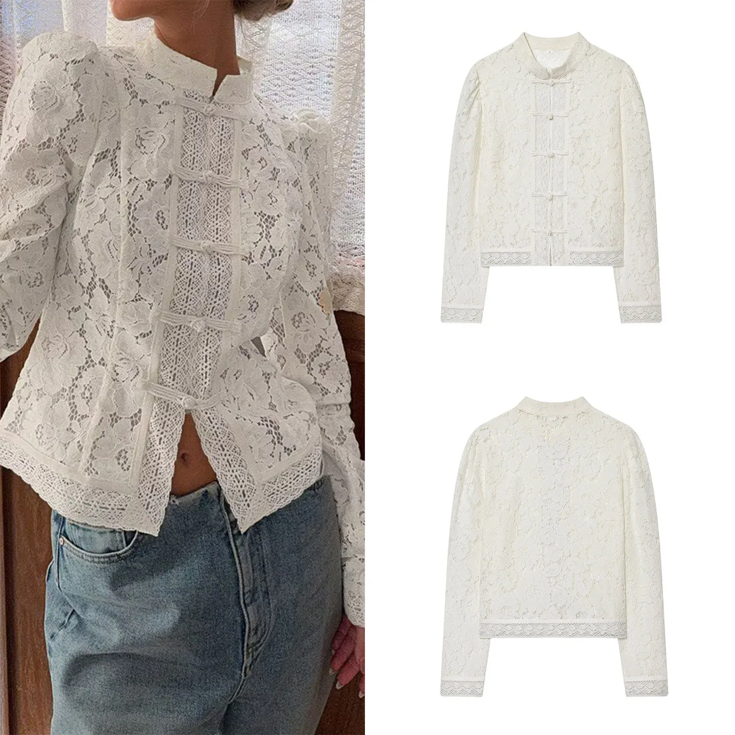 

Ele Faionable Women's irt Lace Embroidery Waist-Cinching Stand Collar Button-Up Long Sve Casual Daily Wear