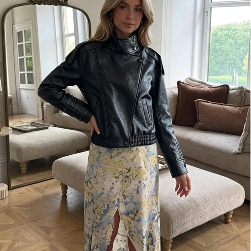 Original Women's Bomber Jacket Leather Black Jackets Cropped Oversize Outerwears Zip-Up Long Sleeve Coats Outdoor Jacket Y2k