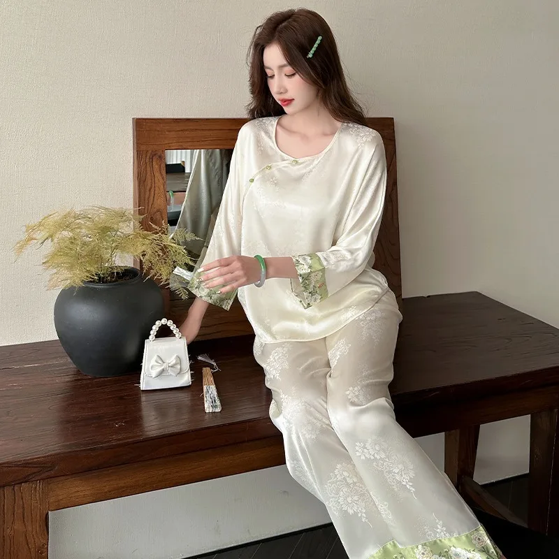 Ice Silk Sleepwear Women Spring Summer New Chinese Style Set Simulated Silk Satin Jacquard Long Sleeved Lace Home Suit