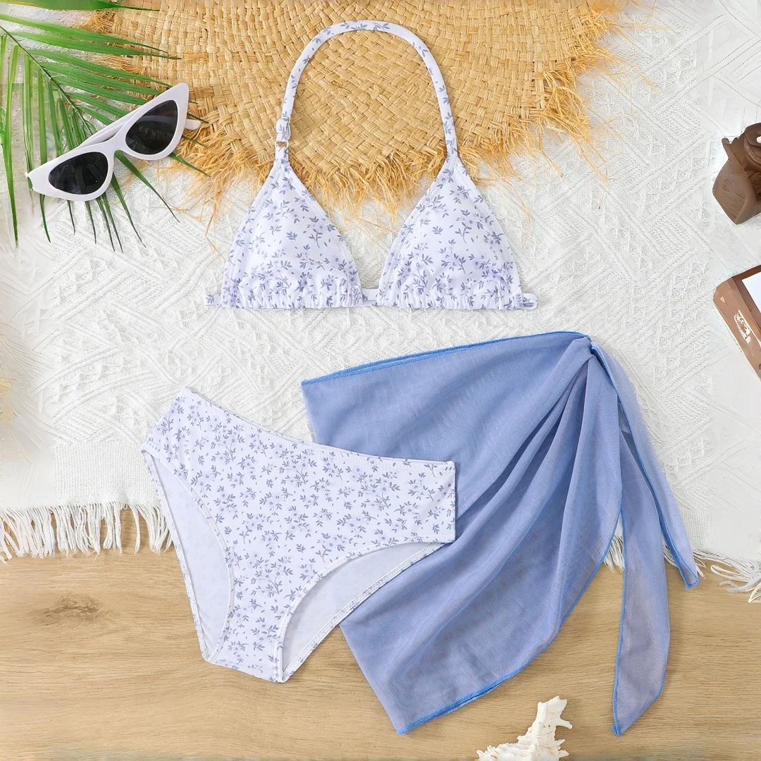 Tween Girl Summer Swimsuit Beach Bikini Set Off the Shoulder For Ages 9-16y Girls' Swimwear With Skirt 3pcs Outfit Bathing Suit