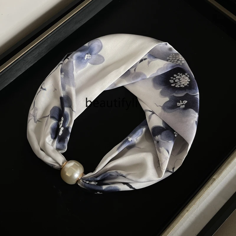 Pearl necklace magnetic buckle lazy silk scarf women's new versatile collarbone chain neck scarf neck