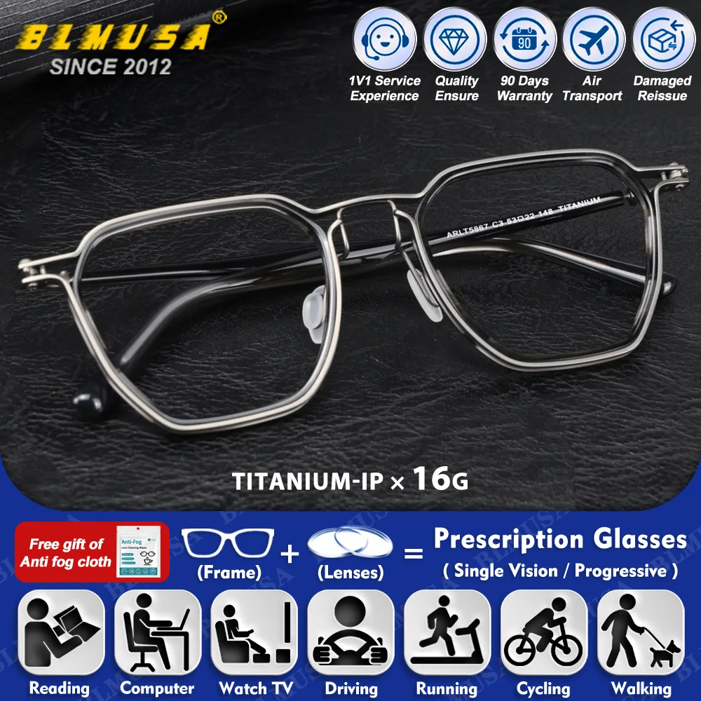 

BLMUSA (M) Trendy Geometric Titanium Myopia Prescription Glasses High Quality Men Anti Blue Ray Progressive Photochromic Eyeware