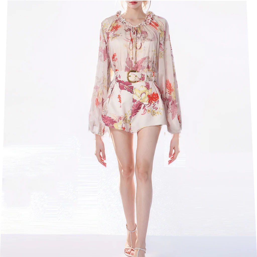 

2025 Australia Print Ear Collar Long Sve Chiffon irt Wide Leg orts Belted Tee Piece Set Women's Faion Ensemble