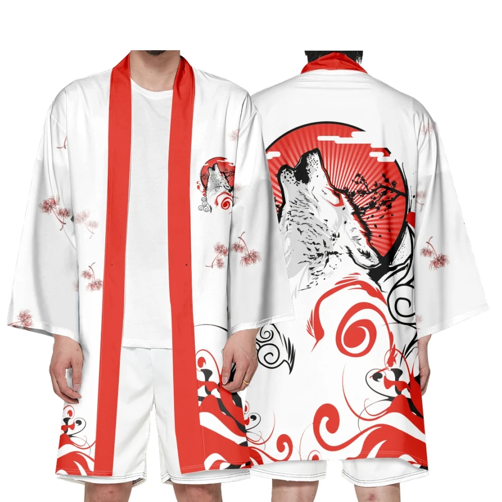 

Men's Japanese Long Kimono Cardigan Men's Samurai Costume Kimono Ukiyo-e Flower Fox Pattern Kimono Shirt Yukata Outer Cover
