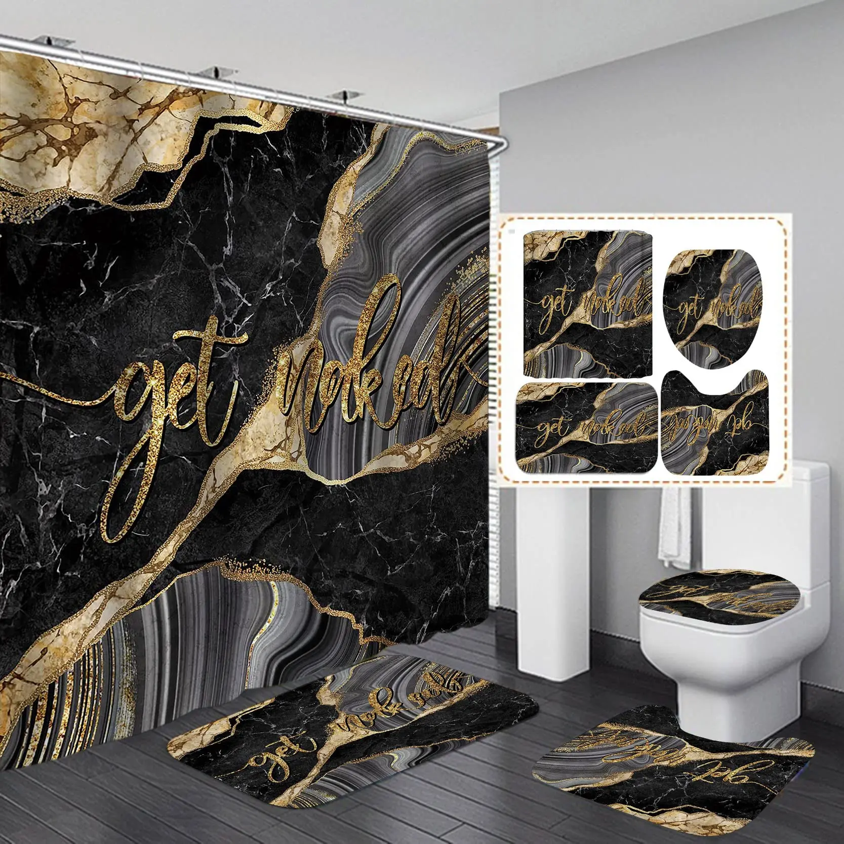 Imagem -04 - Conjunto de Cortina de Chuveiro de Mármore Preto Dourado Tapetes de Banho Textura de Tinta Luxo Abstrato Decorativo Pedra Impressão Cortinas de Banheiro