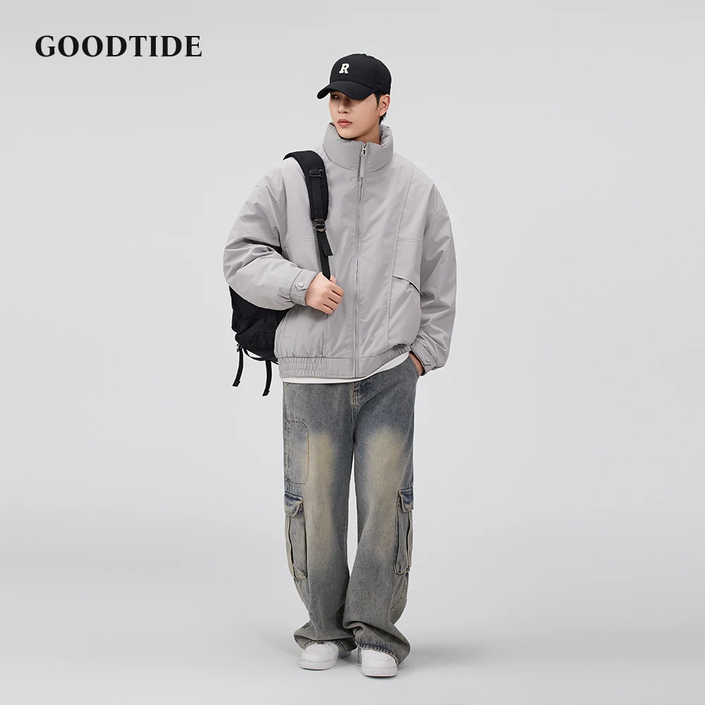 سترة منفوخة بسحّاب غير رسمية للرجال موضة شتاء 2025 بياقة واقفة جديدة تصميم متعدد الجيوب فضفاض مناسب للرجال سترة دافئة للأسفل