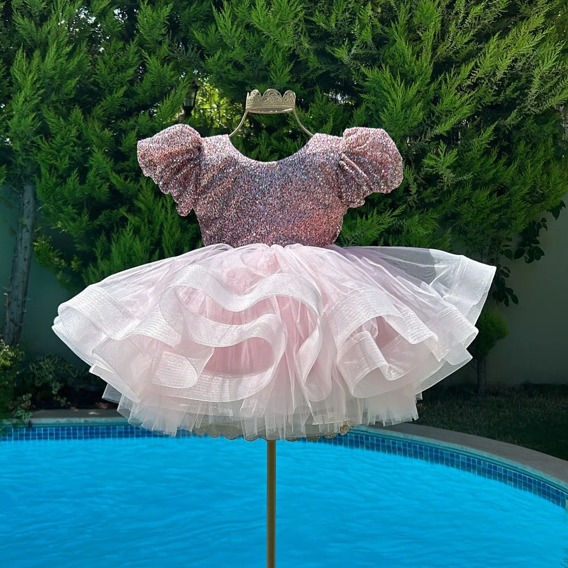 Vestido rosa de flores para niña, cinturón con lazo y lentejuelas brillantes para fiesta de boda, vestido de primera comunión hinchado de manga corta, regalo de cumpleaños para niños