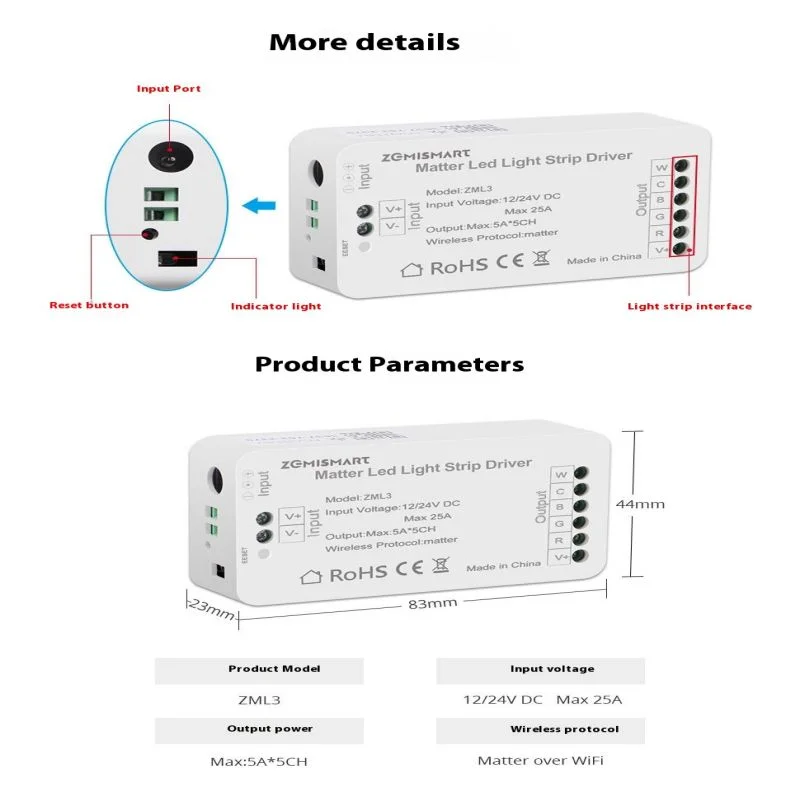 Kontroler oświetlenia taśmy Led Zemismart Matter przez WiFi RGBCW inteligentny sterownik Led obsługa Smartthings Alexa Google Home kontrola aplikacji