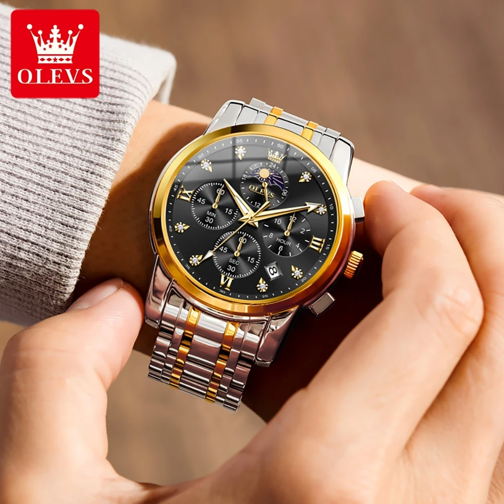 OLEVS 3655 Reloj de cuarzo de lujo para hombre, Reloj con sincronización de fase lunar a escala romana, Reloj con calendario luminoso resistente al agua, Reloj de marca para hombre