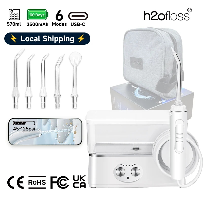 Image of H2ofloss Munddusche Kabellos 570ml Großer Wassertank 6 Modi 45-125PSI Zahnwasserstrahl Aufladbar Oral Irrigator Mit Aufbewahrungstasche