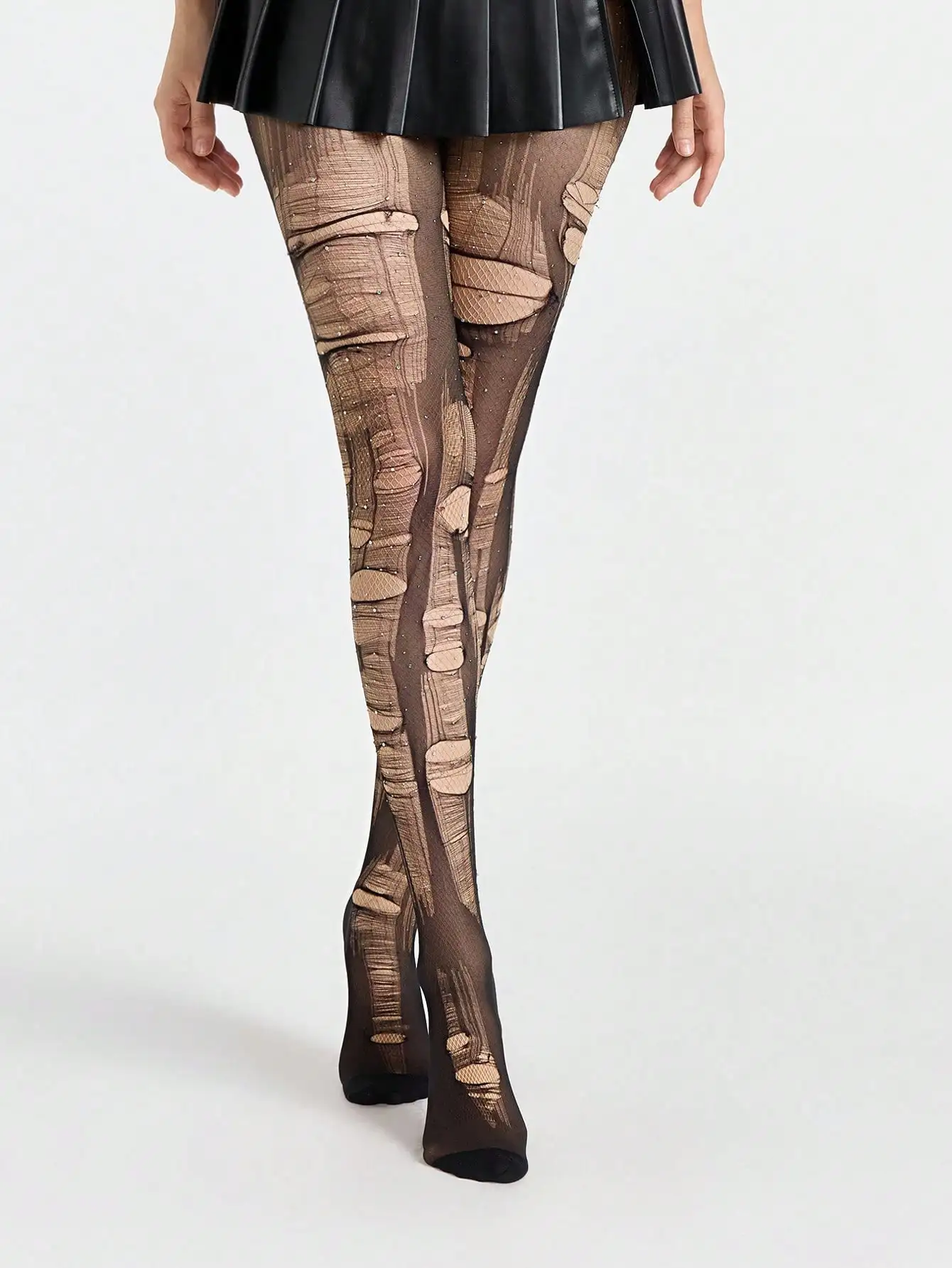 

Сексуальные женские колготки в стиле гранж-панк с рваными элементами, стразами и сеткой, уличный стиль