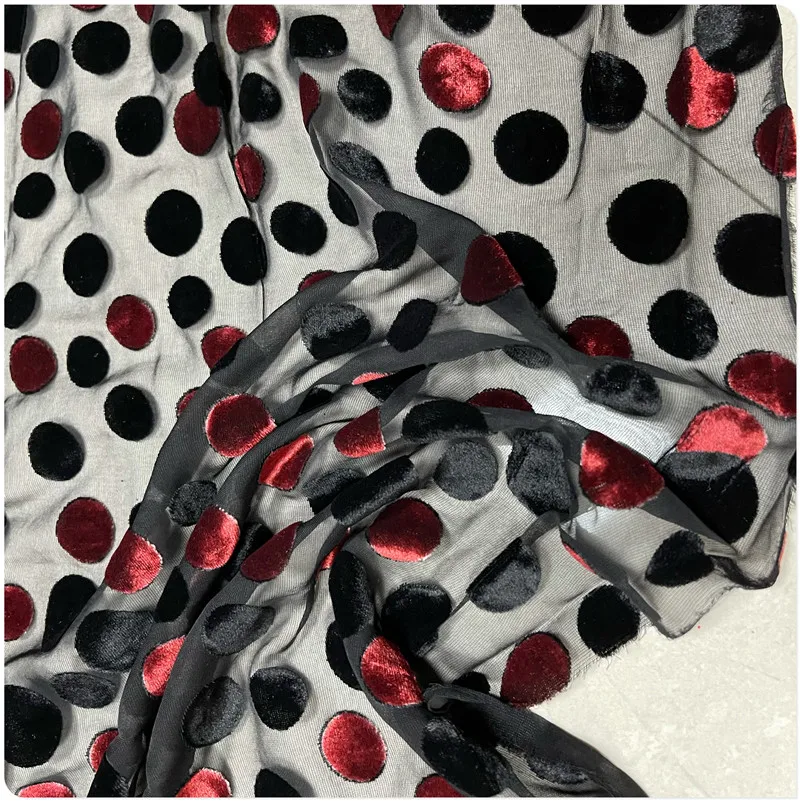 Black and Red Dots Hollowed Out Silk Velvet Fabric Dress Cheongsam Shirt Clothing Fabric