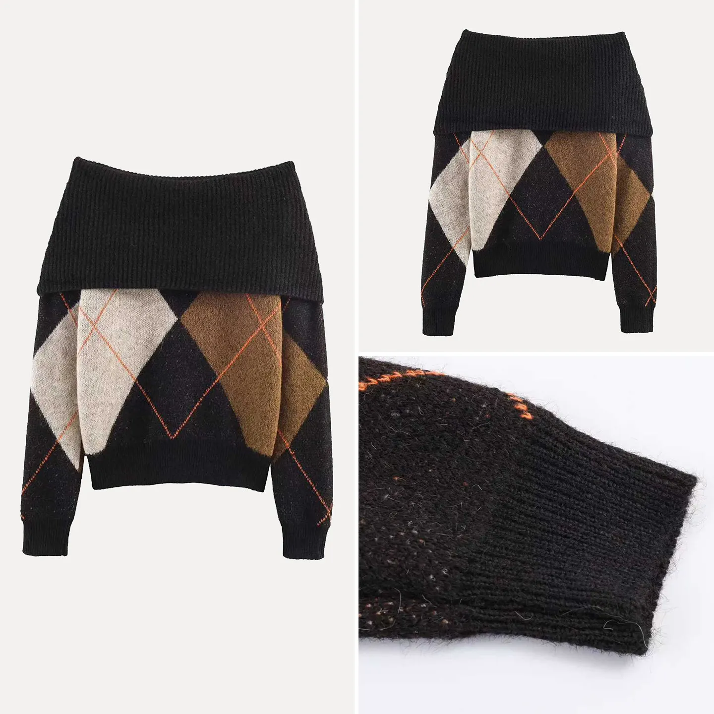 

Модный ретро-свитер с цветными блоками для женщин, зима 2025, с ромбовидным узором, длинный рукав, вязаная одежда, бренд Z