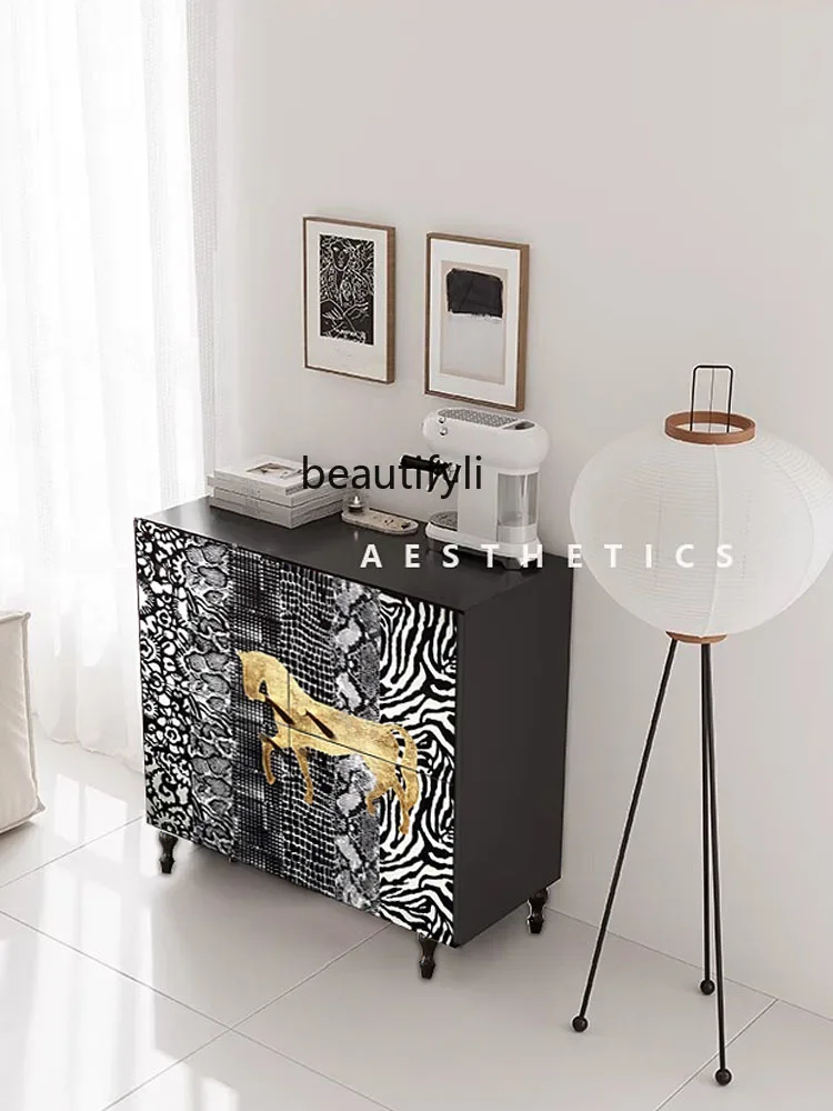 

07American-Style Solid Wood Black Home Entrance Cabinet Small Apartment Hall Curio Cabinet Shoe Cabinet Italian Sideboard Cabine