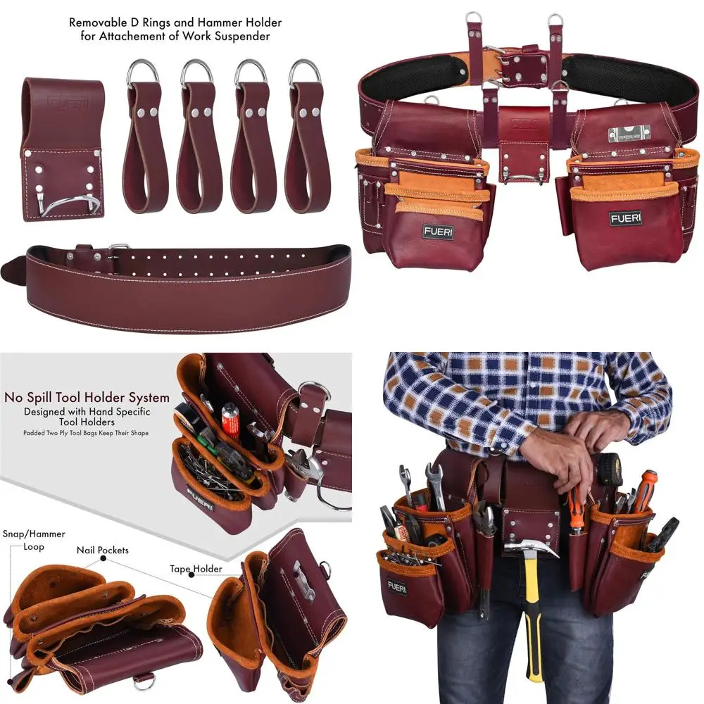 

Мужской ремень для инструментов из высококачественной цельнозернистой кожи с 17 карманами, держателем для молотка, 4 петлями для подтяжек и мягким ремнем для плотников и рабочих.