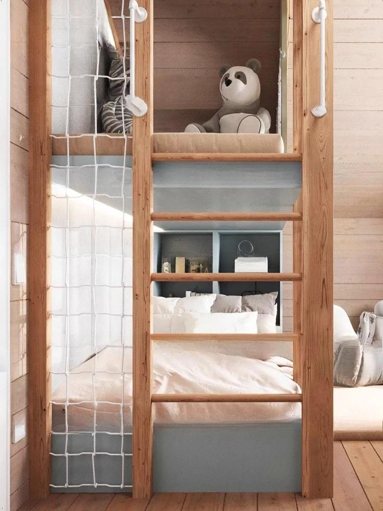 مسرح غرفة الأطفال، طابقين علوي، سقف منحدر، خشب متين، عالي ومنخفض، مع تسلق