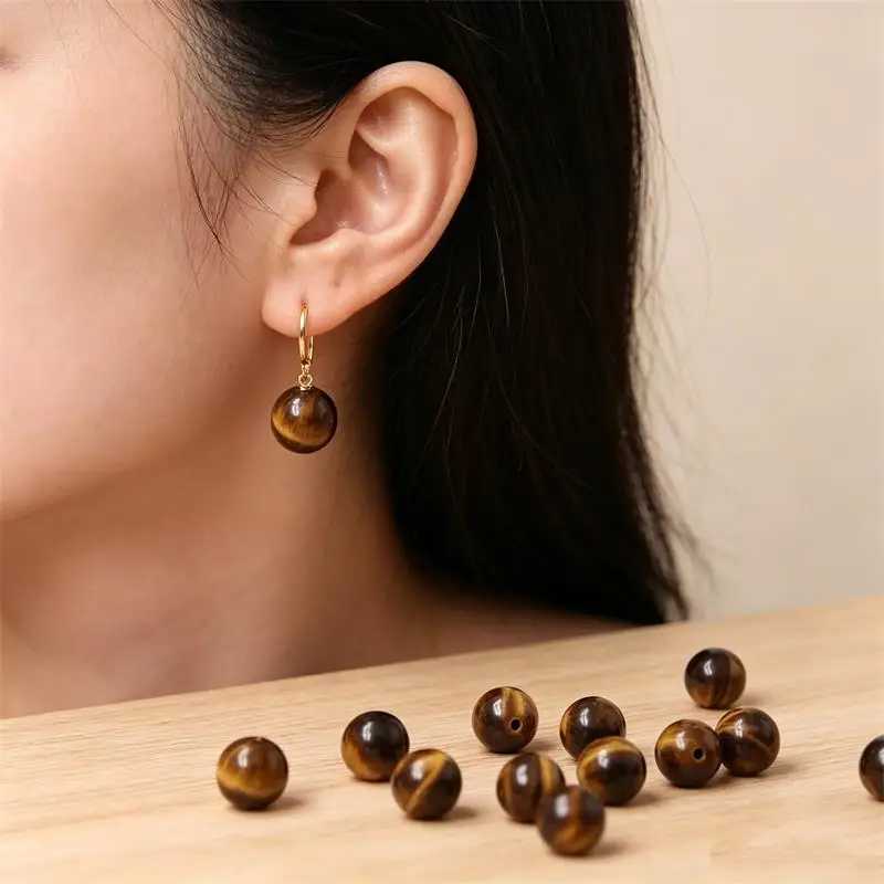 4pcs Half Drilled Tiger Eye Round Beads 4-10mm Loose Stones for Earrings Making Handmade Jewelry Supplies