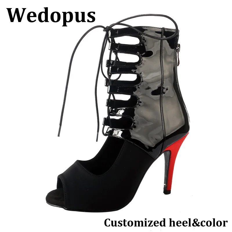 

Wedopus Hi Heels Dance Boots Rubber Sole Black Shiny PU and Satin Lace-up Dance Shoes Red Heels 10CM/11CM/9CM