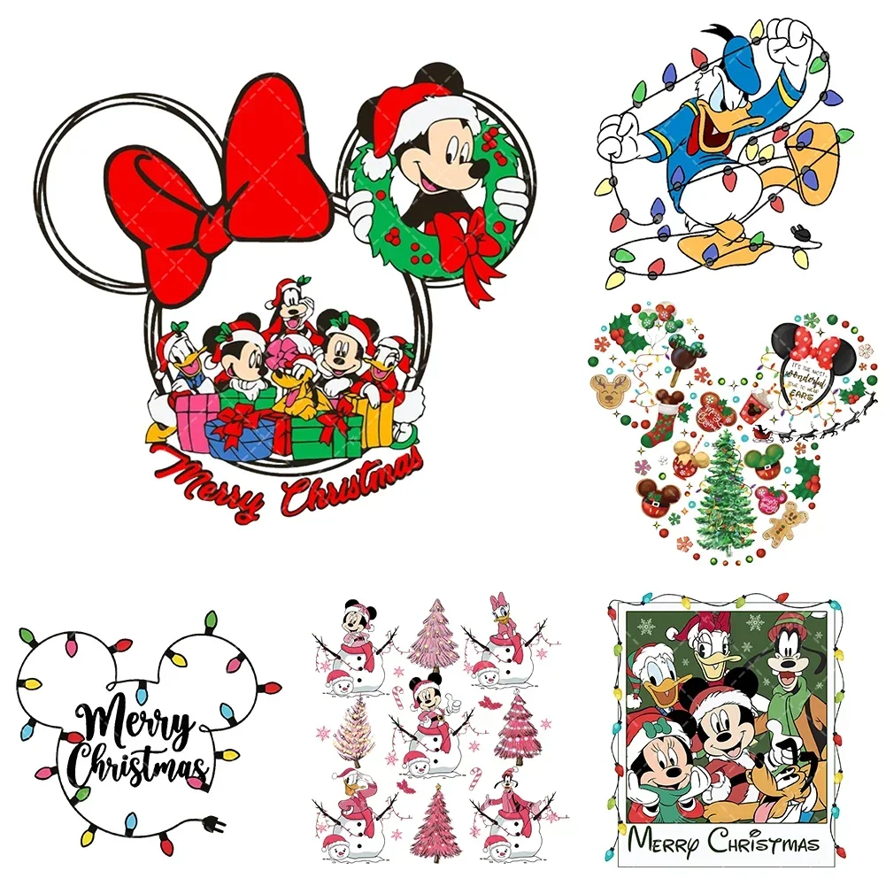 Disney Castle Mickey Christmas Heat Transfer Sticker Iron On Clothes Dtf Pinted Vinyl Thermal Appliques Washable T-shirt Decal