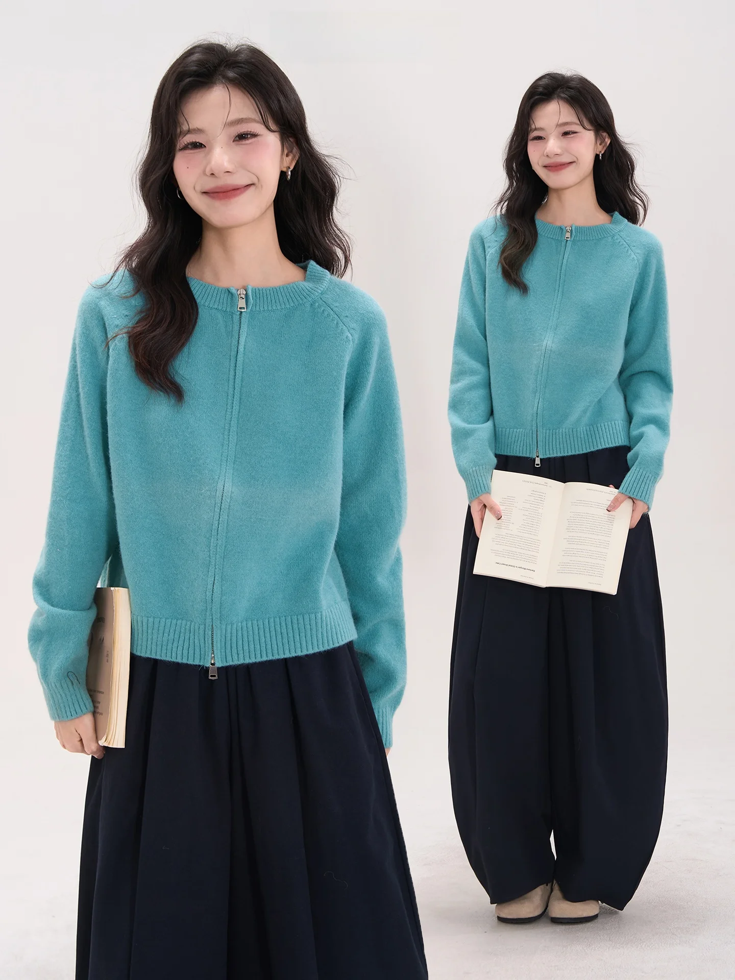 

Korean Sle Knitted Long Sve Cardigan Double Zipper Moon Cookie Jaet Top by HuaTian Display Window A-Line Silhouette