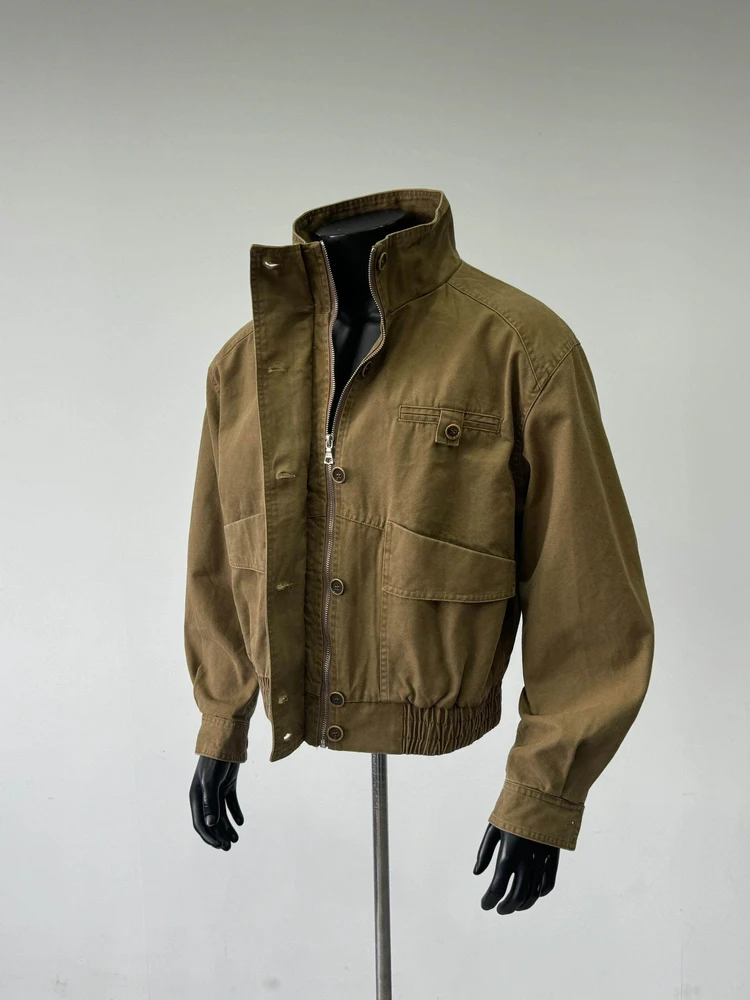 

Retro Heavyweight Washed Short Collar Men's Work Jacket American Splicing Design Sense Outerwear Polyester Fiber Long Sleeve