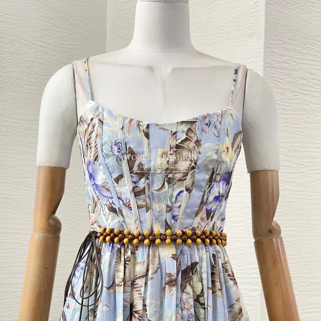 

Pure Cotton 2025 High Quality Floral Print Beads Belt Sleeveless Fishbone Spaghetti Women Shirred Vintage Midi Dress