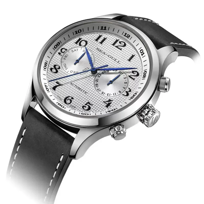 SeaGull Dual Time Zone Man Watch GMT Day-Date Calendar Automatic Mechanical Wristwatches 42mm Barleycorn Digital Dial Reloj 6063