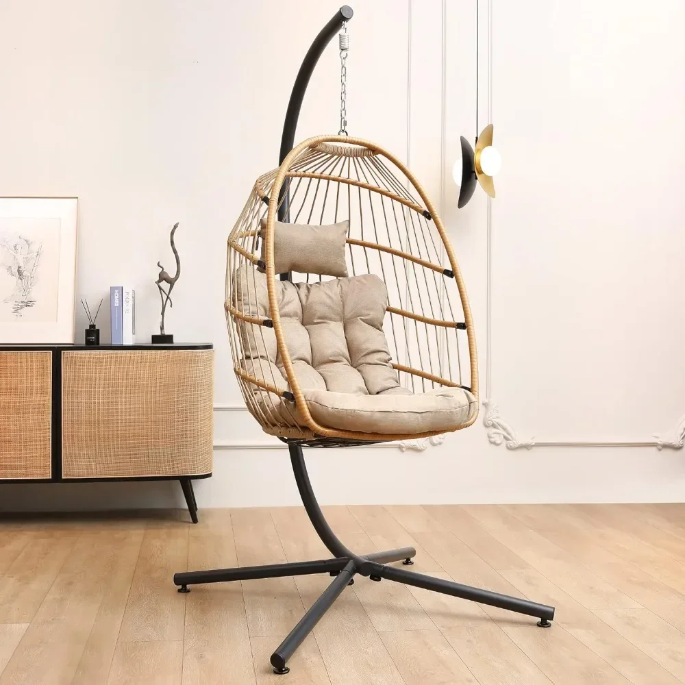 

Hanging Egg Chair with Stand, Outdoor Hammock Swing Chair with Cushion Headrest, 350LBS Capacity Egg Chair