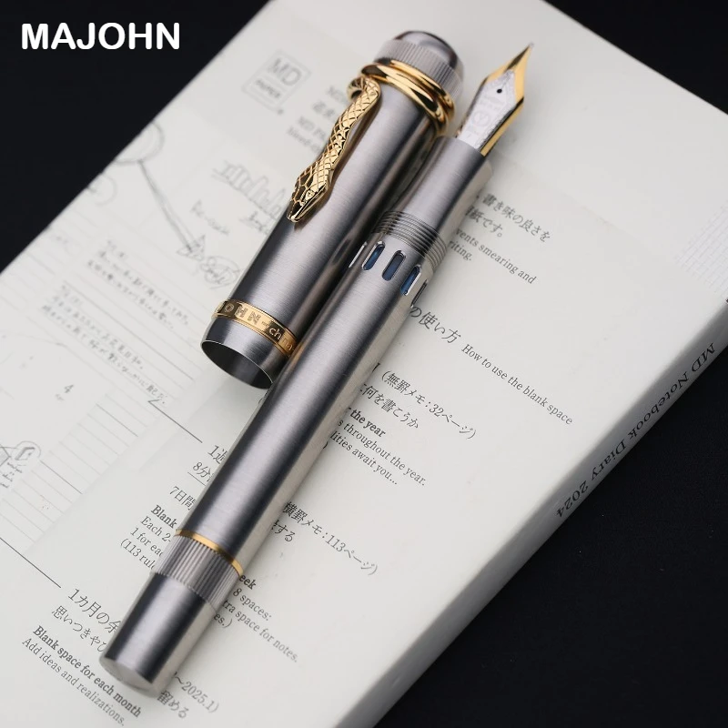MAJOHN P137 Titanium Alloy Fountain Pen EF F Snake Clip #6 Large Nib Ink Window Piston Fill Stationery School Office Supplies