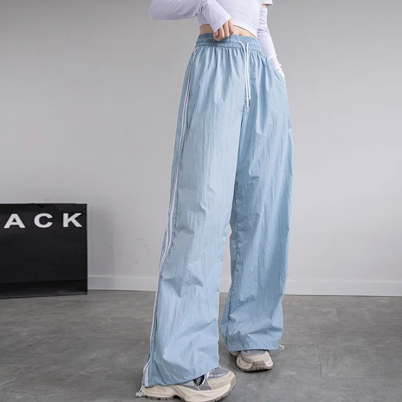 2024 Summer Women Pants Solid Color Elastic Waist Adjustable Drawstring Long Pants Soft Touch Athletic Wide Leg Cargo Trousers