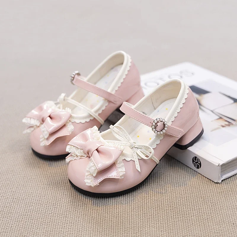 أحذية جلدية جديدة بكعب عالٍ للفتيات، أحذية الأميرة الأنيقة مع عقدة مزدوجة للأطفال، أحذية الأميرة لحفلات الزفاف بكعب عالٍ