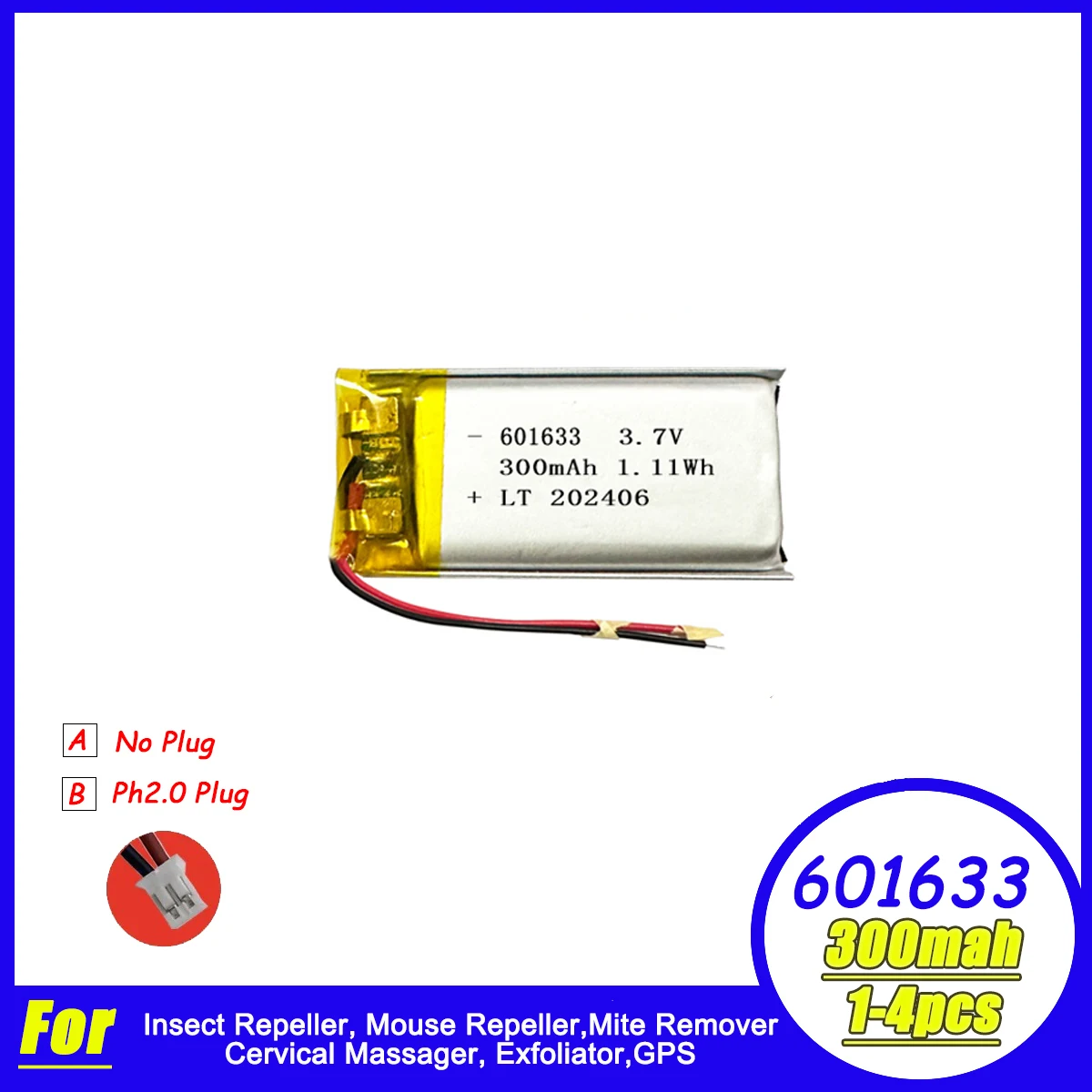 601633 Lithium Battery 300mAh 3.7V Insect Repeller Mouse Repeller Mite Remover Cervical Massager Rechargeable Lipo Batteries