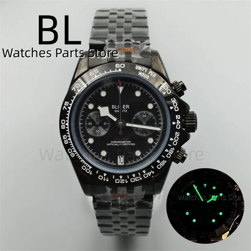 BLIGER 39mm Full Black VK64 Quartz Chronograph Watch For Men Sapphire Crystal 6 O \'clock Date Function Waterproof Jubilee