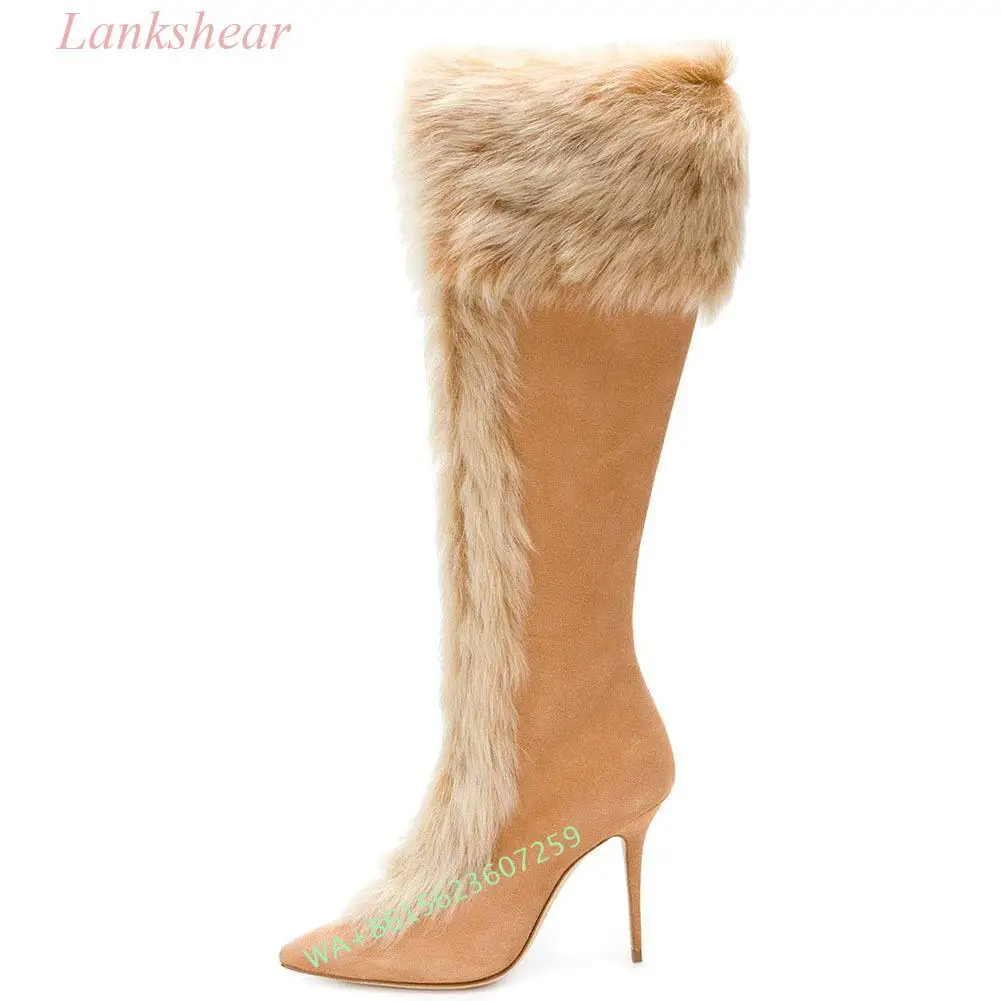 2024 New Elegant Rabbit Fur Plush Sweet Over-The-Knee Boots Pointed Toe Stiletto Heels Winter Boots Women's Shoes Large Size