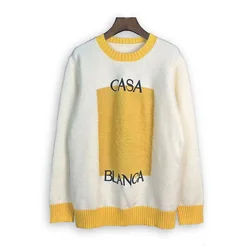 Long Sleeved Knit Pullover Sweater Y2k Retro Color Blocked Knitted Wool Sweater Men Letters Embroidery Baggy Casual Knitwear