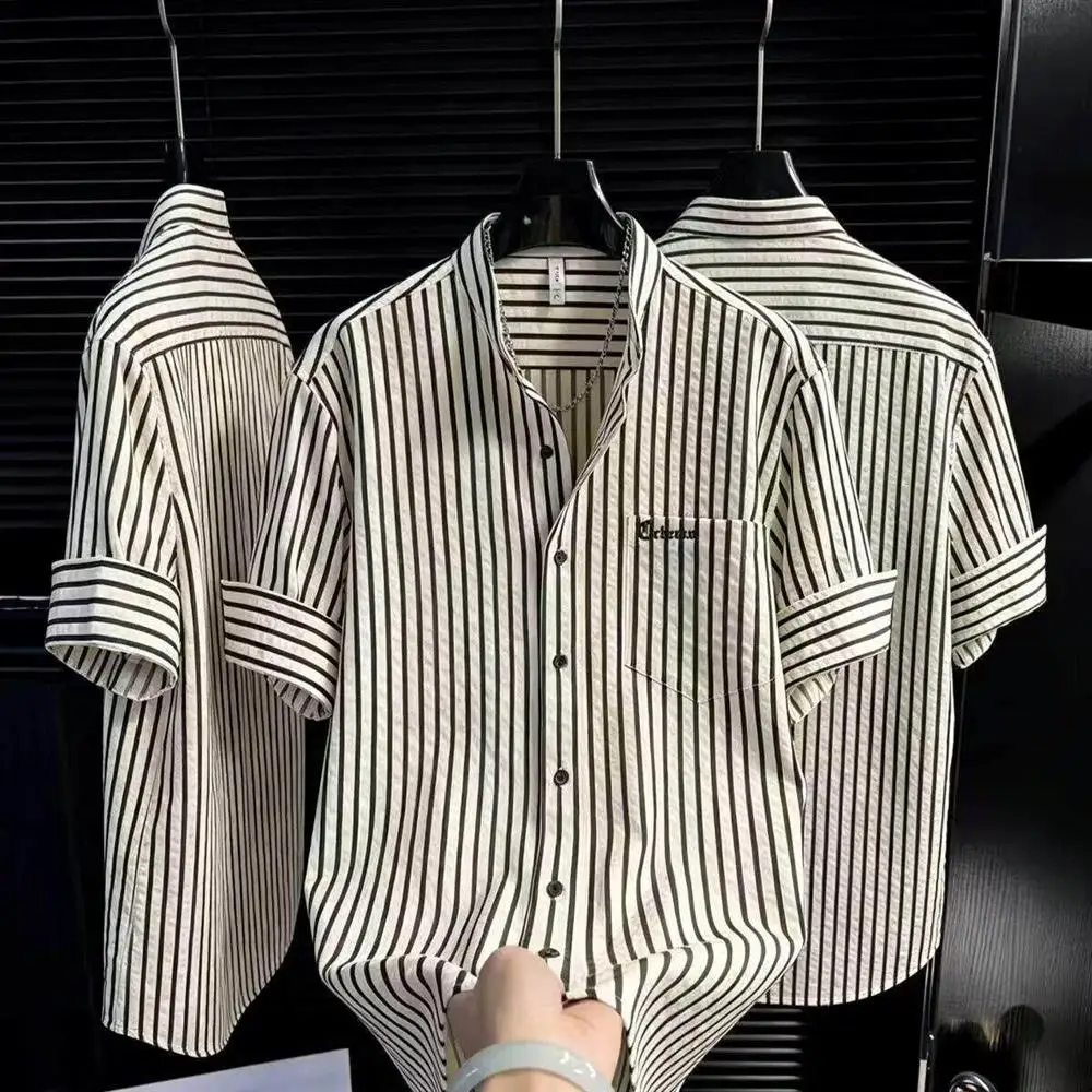 American Retro Short Sleeve Shirt Men's Summer Turn-down Collar Striped Casual Business Five Sleeve Shirt Breathable Lightweight