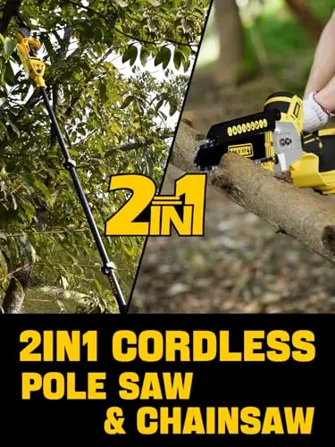Cordless Pole Saw, 8-INCH 2-IN-1 Chainsaw with 21V 4.0Ah Powered, Electric Tree Trimmer with 9FT Telescopic Pole, 180°Angle for
