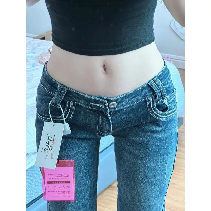 Vintage High Street Low-Waisted Jeans Women Summer All-Match Wide Leg Y2K Denim Trousers Female Sexy Slim Fit Flares Pants