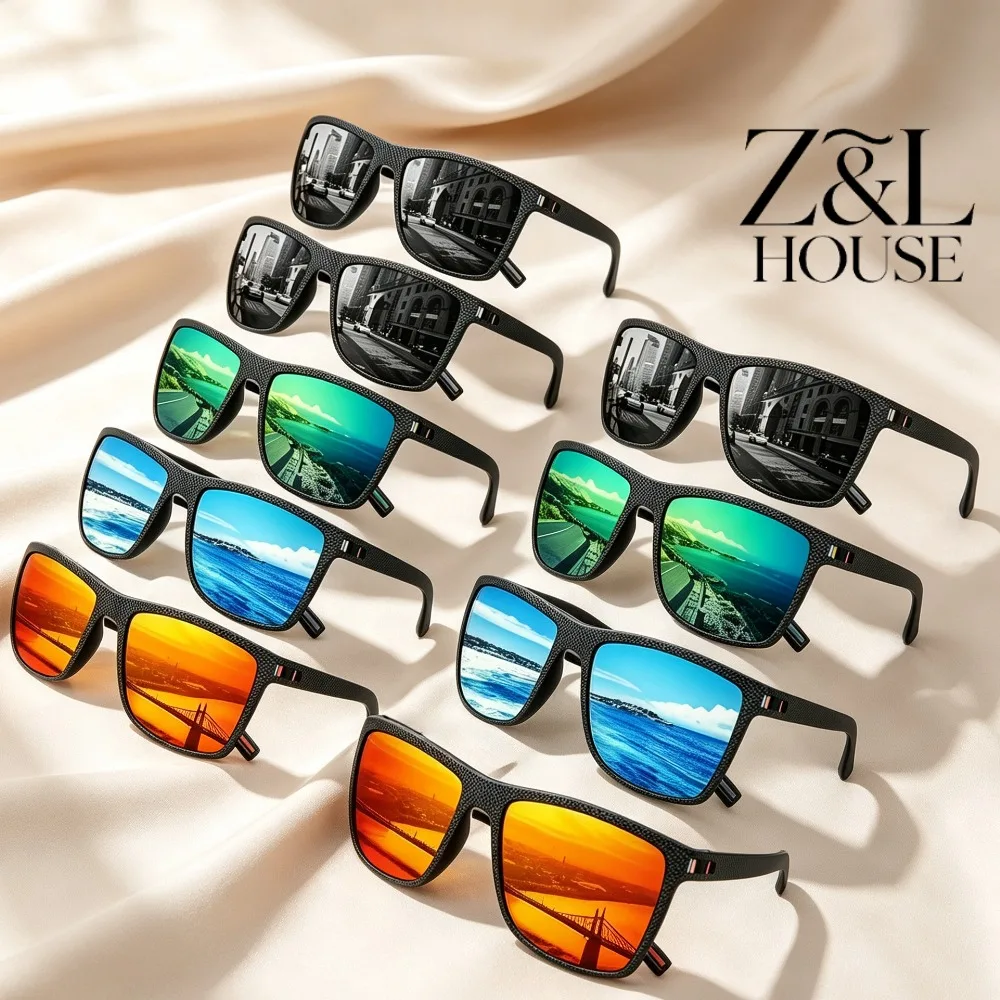 9PCS Men's and Women's Textured Square Polarized Sunglasses, Multi-color Mirror Lenses, Suitable for Driving and Fishing Outdoor Glasses