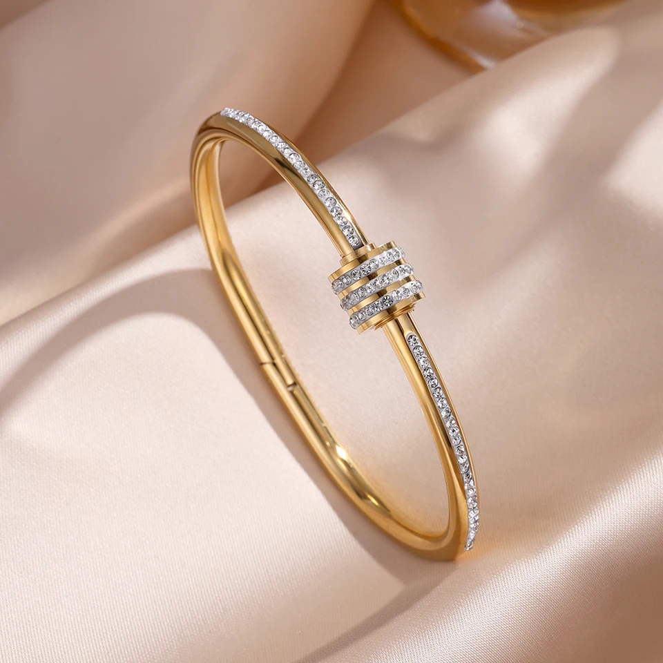 ZAKOL 5/1 Stück funkelndes Edelstahl-Armband-Set mit Zirkonia-Intarsien für Damen, stapelbare Armreifen, modisch, lichtecht, Schmuck, Geschenk